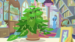 Size: 1920x1080 | Tagged: safe, derpibooru import, screencap, phyllis, trixie, pony, unicorn, a horse shoe-in, female, mare, philodendron, plant, potted plant, starlight's office