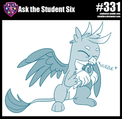 Size: 800x776 | Tagged: safe, artist:sintakhra, gallus, griffon, tumblr:studentsix, behaving like a cat, birb, cute, daaaaaaaaaaaw, gallabetes, male, nuzzling, pencil, smiling, toy