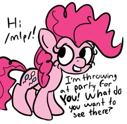 Size: 529x516 | Tagged: safe, pinkie pie, earth pony, pony, /mlp/, female, mare, pink coat, pink mane, solo, text