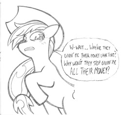 Size: 648x612 | Tagged: safe, artist:texasuberalles, applejack, earth pony, pony, female, mare, monochrome, scared