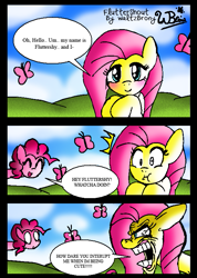 Size: 557x783 | Tagged: safe, artist:neoncabaret, fluttershy, pinkie pie, butterfly, earth pony, pegasus, pony, comic