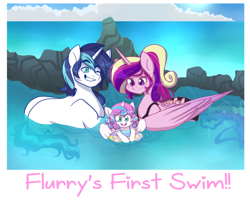 Size: 1280x1023 | Tagged: safe, artist:twisted-sketch, princess cadance, princess flurry heart, shining armor, alicorn, pony, unicorn, clothes, cute, family, father and child, father and daughter, female, filly, floating, floaty, flurrybetes, foal, grin, inner tube, male, mare, mother and child, mother and daughter, one eye closed, one-piece swimsuit, open mouth, parent and child, photo, polaroid, prone, signature, smiling, stallion, swimming, swimsuit, water, wink