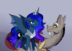 Size: 1087x781 | Tagged: safe, artist:elementalokami, discord, princess luna, alicorn, pony, jewelry, lunacord, male, regalia, shipping, straight