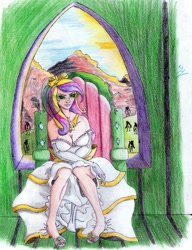 Size: 2065x2689 | Tagged: safe, artist:dashprime, princess cadance, queen chrysalis, changeling, human, cleavage, clothes, disguise, disguised changeling, dress, fake cadance, female, glowing eyes, humanized, looking at you, sandals, sitting, smirk, solo, traditional art, window