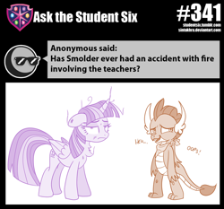 Size: 800x747 | Tagged: safe, artist:sintakhra, smolder, twilight sparkle, twilight sparkle (alicorn), alicorn, dragon, pony, tumblr:studentsix, bandana, burned, duo, oops, this will end in detention