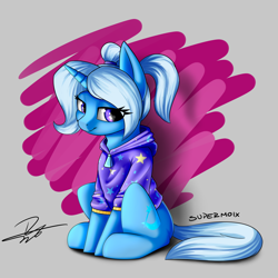 Size: 3300x3300 | Tagged: safe, artist:supermoix, derpibooru import, trixie, pony, unicorn, abstract background, babysitter trixie, clothes, female, gameloft, gameloft interpretation, high res, hoodie, mare, ponytail, sitting, solo