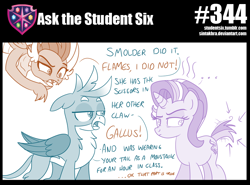 Size: 800x592 | Tagged: safe, artist:sintakhra, gallus, smolder, starlight glimmer, dragon, griffon, pony, unicorn, tumblr:studentsix, cut tail, short tail, starlight is not amused, this will end in detention, unamused