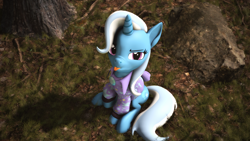 Size: 3840x2160 | Tagged: safe, artist:psfmer, derpibooru import, trixie, pony, unicorn, 3d, babysitter trixie, clothes, female, gem, grass, ground, hoodie, looking at you, looking up at you, mare, raised hoof, raspberry, rock, sitting, solo, source filmmaker, tongue out, tree