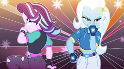 Size: 4000x2237 | Tagged: safe, artist:limedazzle, derpibooru import, starlight glimmer, trixie, equestria girls, anime, battle tendency, caesar zeppeli, clothes, fingerless gloves, gloves, jojo pose, jojo's bizarre adventure, joseph joestar, looking at you, looking back, midriff, pants, pose, raised leg, reference, watch