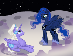 Size: 1046x816 | Tagged: safe, artist:bedupolker, princess luna, alicorn, pony, avatar, avatar the last airbender, crossover, eye contact, frown, looking at each other, moon, open mouth, ponified, prone, smiling, space, spread wings, yue