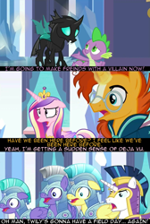 Size: 1600x2382 | Tagged: safe, edit, edited screencap, screencap, princess cadance, shining armor, spike, sunburst, thorax, alicorn, changeling, dragon, pony, unicorn, the times they are a changeling, armor, crystal guard, crystal guard armor, drama bait, op is a cuck, op is trying to start shit, psyga's alternate pony scenes