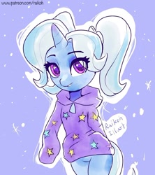 Size: 1024x1153 | Tagged: safe, artist:raikoh, derpibooru import, trixie, pony, unicorn, alternate hairstyle, babysitter trixie, bipedal, blue background, clothes, colored pupils, cute, diatrixes, female, gameloft interpretation, hoodie, looking at you, mare, pigtails, simple background, solo