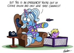 Size: 1024x733 | Tagged: safe, artist:bobthedalek, derpibooru import, trixie, pony, unicorn, baby, baby pony, babysitter trixie, babysitting, chair, clothes, female, foal, gameloft, gameloft interpretation, hoodie, inconvenient trixie, magic, magic wand, phone, playpen, remote, remote control, solo, telekinesis, telephone, television remote