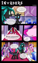 Size: 1500x2504 | Tagged: safe, artist:vavacung, princess cadance, queen chrysalis, twilight sparkle, twilight sparkle (alicorn), alicorn, changeling, changeling queen, pony, comic:to love alicorn, comic, dialogue, female, mare, royal guard, speech bubble
