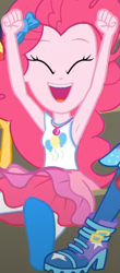 Size: 305x694 | Tagged: safe, derpibooru import, screencap, pinkie pie, trixie, better together, equestria girls, sock it to me, sock it to me: trixie, armpits, cheering, clothes, cropped, eyes closed, female, geode of sugar bombs, magical geodes, offscreen character, open mouth, skirt, smiling