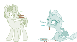 Size: 758x422 | Tagged: safe, artist:sintakhra, color edit, edit, ocellus, sandbar, changedling, changeling, pony, cake, chocolate cake, chocolate drool, colored, cute, diaocelles, dish, drool, food, hungry, mouth hold, original source in description, post-it, sandabetes, tail wag, whining