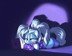 Size: 1280x996 | Tagged: safe, artist:rocket-lawnchair, derpibooru import, trixie, pony, unicorn, babysitter trixie, computer, female, gameloft, gameloft interpretation, laptop computer, solo, sweatshirt