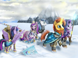 Size: 2000x1500 | Tagged: safe, artist:misiekpl, princess cadance, princess flurry heart, shining armor, starlight glimmer, sunburst, twilight sparkle, twilight sparkle (alicorn), alicorn, pony, unicorn, blizzard, clothes, flag, magic, older, scarf, signature, snow, snowfall, socks (coat marking), staff, walking