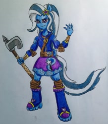 Size: 2084x2389 | Tagged: safe, artist:bozzerkazooers, derpibooru import, trixie, equestria girls, axe, ponied up, smiling, solo, traditional art, weapon