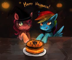 Size: 1024x866 | Tagged: safe, artist:cherivinca, pinkie pie, rainbow dash, earth pony, pegasus, pony, cake, costume, food, halloween