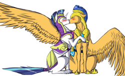 Size: 1024x622 | Tagged: safe, artist:minto-hameragi, flash sentry, shining armor, pony, unicorn, blushing, gay, kissing, large wings, male, shiningsentry, shipping, spread wings, unshorn fetlocks