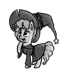 Size: 452x532 | Tagged: safe, artist:dsp2003, oc, oc only, oc:sakuragi-san, pony, unicorn, 2017, clothes, costume, female, hat, mare, monochrome, simple background, style emulation, transparent background, witch, witch hat