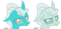 Size: 1280x618 | Tagged: safe, artist:gooeybird, artist:sintakhra, color edit, edit, editor:gooeybird, ocellus, changedling, changeling, blue changeling, colored, comparison, cropped, female, looking at you, ocellus is not amused, photo, side by side, solo, trace, unamused, writing