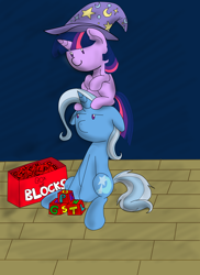 Size: 2550x3510 | Tagged: safe, artist:anname219, derpibooru import, trixie, twilight sparkle, pony, unicorn, box of blocks, female, filly, foal, inconvenient twilight, mare, the tables have turned, twilight sparklehigh