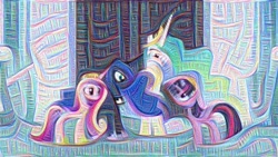 Size: 800x450 | Tagged: safe, edit, edited screencap, screencap, princess cadance, princess celestia, princess luna, twilight sparkle, twilight sparkle (alicorn), alicorn, pony, twilight's kingdom, alicorn tetrarchy, crystal empire, deepdream, female, inceptionism, mare, stylized