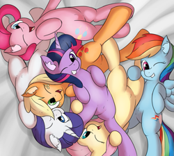 Size: 667x600 | Tagged: safe, artist:fearingfun, edit, applejack, fluttershy, pinkie pie, rainbow dash, rarity, twilight sparkle, twilight sparkle (alicorn), alicorn, earth pony, pegasus, pony, unicorn, cuddle puddle, cuddling, cute, dashabetes, diapinkes, ear fluff, female, grin, happy, jackabetes, looking at you, mane six, mare, on back, open mouth, pile, pony pile, raribetes, sfw edit, shyabetes, smiling, twiabetes, wink