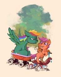 Size: 800x1014 | Tagged: safe, artist:dunnstar, rainbow dash, scootaloo, pegasus, pony, scooter, wagon