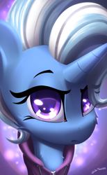 Size: 1600x2600 | Tagged: safe, artist:shido-tara, derpibooru import, trixie, pony, unicorn, canon, clothes, female, hoodie, looking at you, mare, simple background, solo