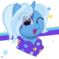 Size: 1280x1280 | Tagged: safe, artist:potato22, derpibooru import, trixie, pony, abstract background, alternate hairstyle, babysitter trixie, bust, clothes, cute, diatrixes, eye clipping through hair, female, gameloft interpretation, hoodie, looking at you, mare, one eye closed, open mouth, ponytail, portrait, solo, stars, wink