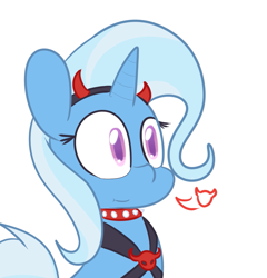 Size: 909x945 | Tagged: safe, artist:mr-degration, derpibooru import, trixie, pony, unicorn, clothes, collar, costume, cute, devil horns, diatrixes, female, mare, simple background, solo, white background