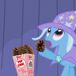 Size: 720x720 | Tagged: safe, derpibooru import, edit, edited screencap, screencap, trixie, pony, unicorn, female, mare, pinecone, solo, trixie eating pinecones