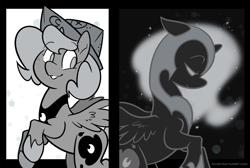 Size: 900x606 | Tagged: safe, artist:egophiliac, nightmare moon, princess luna, alicorn, pony, cartographer's cap, cute, dark woona, duality, duo, filly, grayscale, hat, helmet, lunabetes, monochrome, moonstuck, nightmare woon, woona, younger
