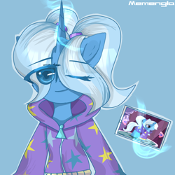 Size: 1080x1080 | Tagged: safe, artist:memengla, derpibooru import, trixie, pony, unicorn, alternate hairstyle, babysitter trixie, clothes, female, gameloft, gameloft interpretation, glowing horn, hoodie, horn, magic, solo, telekinesis, wrong eye color