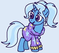 Size: 340x303 | Tagged: safe, artist:kleyime, derpibooru import, trixie, pony, unicorn, alternate hairstyle, babysitter trixie, blue background, clothes, colored, female, flat colors, hoodie, light blue background, mare, ms paint, pigtails, ponytail, simple background, solo, twintails