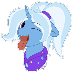 Size: 1546x1572 | Tagged: safe, artist:yannerino, derpibooru import, trixie, pony, unicorn, alternate hairstyle, babysitter trixie, bust, clothes, cute, diatrixes, female, fetish, hoodie, looking at you, mare, maw, mawshot, open mouth, simple background, solo, tongue out, transparent background, white outline