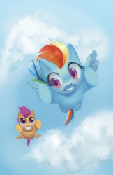 Size: 750x1156 | Tagged: safe, artist:blu-red, rainbow dash, scootaloo, pegasus, pony, female, mare, scootaloo can fly, wings