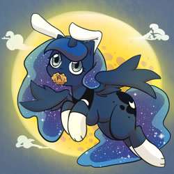 Size: 1181x1181 | Tagged: safe, artist:yukandasama, princess luna, alicorn, pony, bunny ears, clothes, cute, flying, food, lunabetes, mid-autumn festival, moon, mooncake, mouth hold, socks, solo, 月