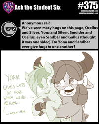 Size: 800x1001 | Tagged: safe, artist:sintakhra, sandbar, yona, earth pony, pony, yak, tumblr:studentsix, cute, female, hug, implied yonabar, male, sandabetes, squishy cheeks, yonadorable