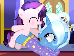 Size: 1280x960 | Tagged: safe, artist:bounswetie, artist:estories, artist:themune, derpibooru import, trixie, oc, oc:evening glitter, pony, unicorn, alternate hairstyle, babysitter trixie, base used, blushing, clothes, cute, diatrixes, eyes closed, female, filly, holding, hoodie, icey-verse, magical lesbian spawn, mare, multicolored hair, offspring, open mouth, parent:starlight glimmer, parent:sunset shimmer, parents:shimmerglimmer, pigtails, raised hoof, twilight's castle, twintails, younger
