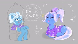 Size: 1920x1080 | Tagged: safe, artist:another_pony, derpibooru import, trixie, pony, unicorn, alternate hairstyle, babysitter trixie, clothes, crown, cute, dialogue, diatrixes, gameloft, gameloft interpretation, gray background, heart, hoodie, jewelry, regalia, simple background, sitting, solo, speech bubble, throne