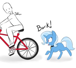 Size: 1280x1147 | Tagged: safe, artist:hidden-cat, derpibooru import, trixie, oc, oc:anon, pony, unicorn, barking, behaving like a dog, bicycle, chase, collar, cute, don't trust wheels, female, frown, glare, mare, open mouth, pony pet, raised hoof, running, simple background, wheel, wheels trixie, white background