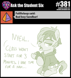 Size: 800x875 | Tagged: safe, artist:sintakhra, sandbar, pony, tumblr:studentsix, clothes, hoodie, raised hoof, sitting, solo, sweater, watch