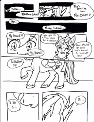 Size: 2552x3312 | Tagged: safe, artist:tristanjsolarez, rainbow dash, pegasus, pony, unicorn, comic:trans ponies, black and white, comic, grayscale, male, monochrome, stallion