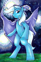 Size: 706x1070 | Tagged: safe, artist:catscratchpony, artist:drakenbyte, derpibooru import, trixie, pony, collaboration, bipedal, fireworks, smiling, solo, watermark