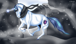 Size: 3100x1800 | Tagged: safe, artist:wohveli, shining armor, horse, pony, unicorn, blizzard, clothes, magic, realistic, scarf, snow, snowfall, solo