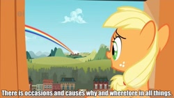 Size: 500x281 | Tagged: safe, applejack, earth pony, pony, blonde mane, female, image macro, mare, orange coat, shakespeare, solo